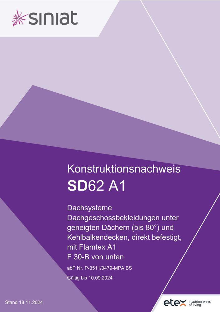 SD62 A1 | F30-B von unten | Dachgeschossbekleidungen unter gen. Dächern (bis 80°) und Kehlbalkendecken, direkt befestigt, mit Flamtex A1