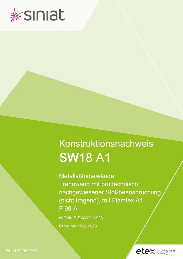 <b>SW</b>18 A1 - nicht trag.</br>
Trennwand mit prüft.</br>
nachgew. Stoßbeanspr.</br>
mit <b>Flamtex A1</b>, F 90-A</br><i>P-SAC02/III-923</i></br>Stand 29.08.2023