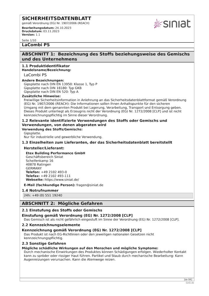 LaCombi PS | Gipsplatte nach DIN EN 13950 (Klasse 1, Typ P), nach DIN 18180 (Typ GKB) bzw. nach DIN EN 520 (Typ A)