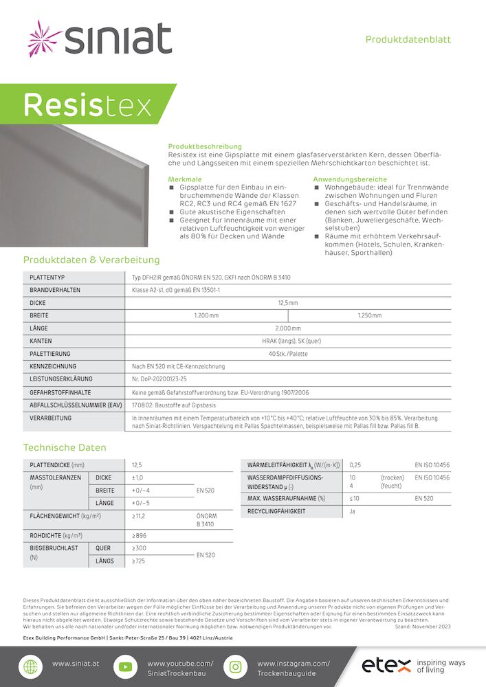 Resistex- Gipsplatte mit einem glasfaserverstärkten Kern